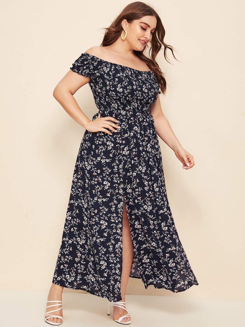 Floerns Women's Boho Floral Print Off Shoulder Split Long A Line Dress Navy Plus 2XL - Image 3